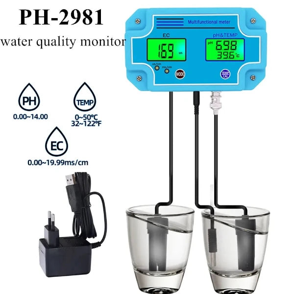 Hydroponik Testgerät 3-in-1: pH, EC und Temperaturmonitor Wasserqualität