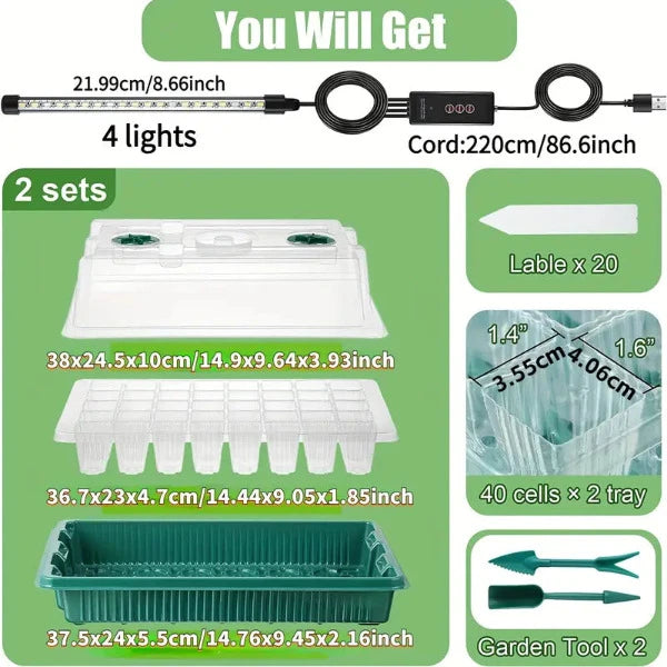 Future Garden - Gewächshaus-Sämlingsstarter-Kit 80 Pflanzen 2Stck mit 4 LED Pflanzlampen