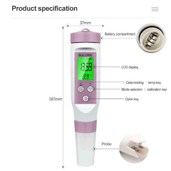 Future Garden -Neuester Bluetooth 7 in 1 Wasser Qualität Messer PH/EC/TDS/ORP/SALT/S.G/TEMP Online Monitor APP