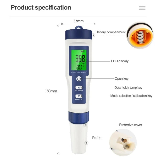 Future Garden AN 5 In 1 Digital PH TDS EC Salinität Wasser Tester Hydroponik Aeroponik